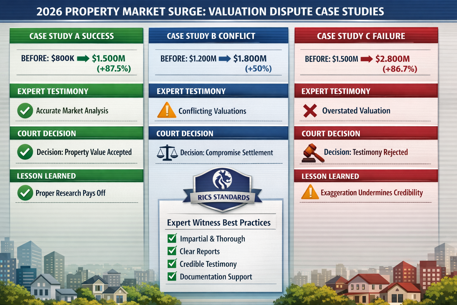 Detailed landscape format (1536x1024) infographic-style image showing case study comparison layout: three columns displaying different valua