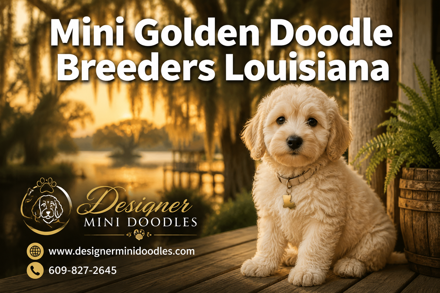 Professional () hero image with : 'Mini Golden Doodle Breeders Louisiana' in extra large white with dark effect, centered in