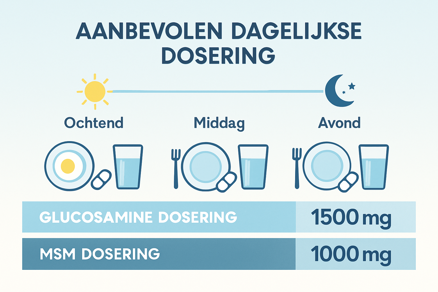 Detailed landscape infographic chart (1536x1024) displaying recommended daily dosage timeline in Dutch. Visual shows morning to evening time