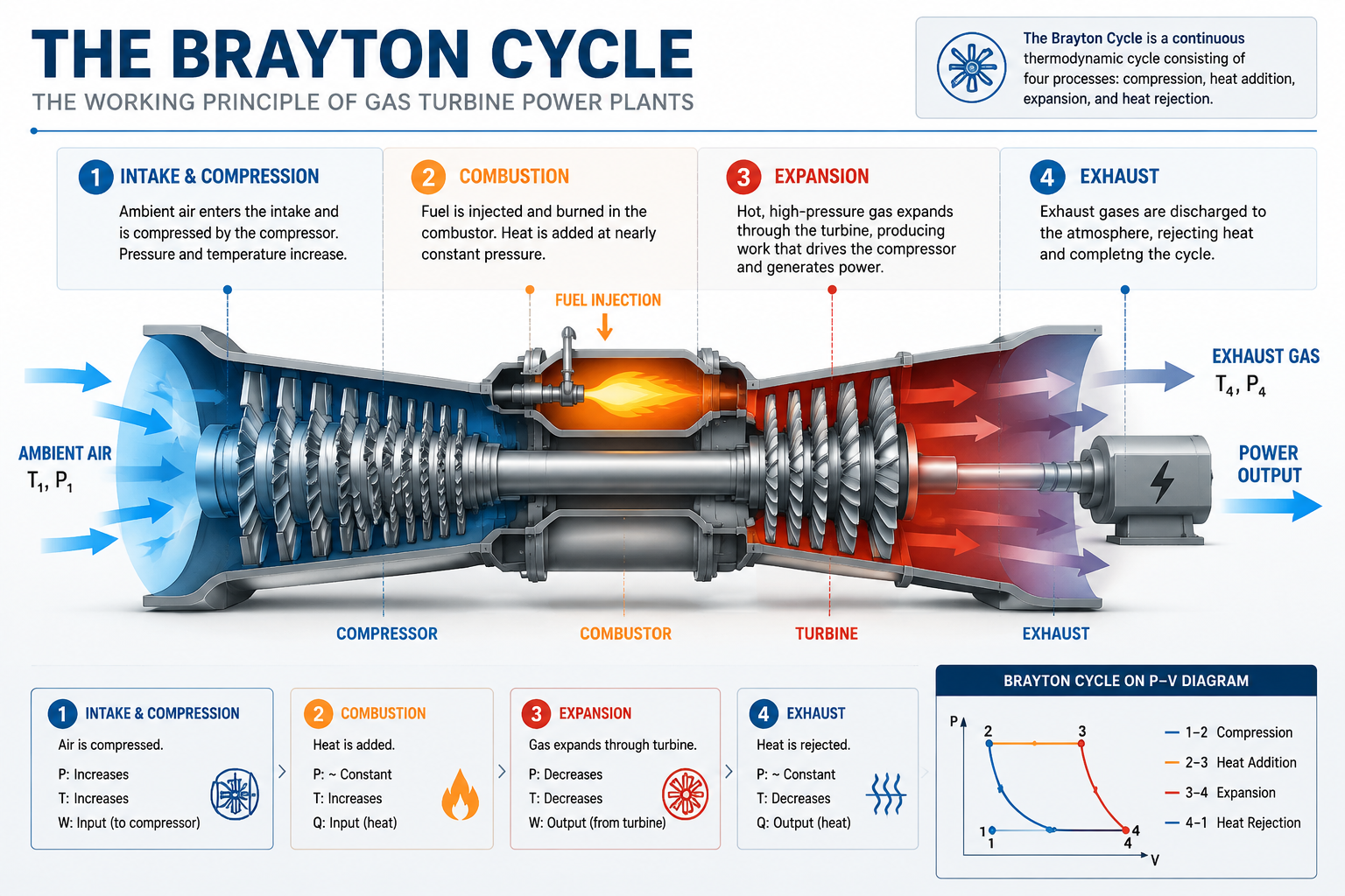 An infographic-style illustration in () detailing the Brayton Cycle, the core working principle of gas turbine power plants.
