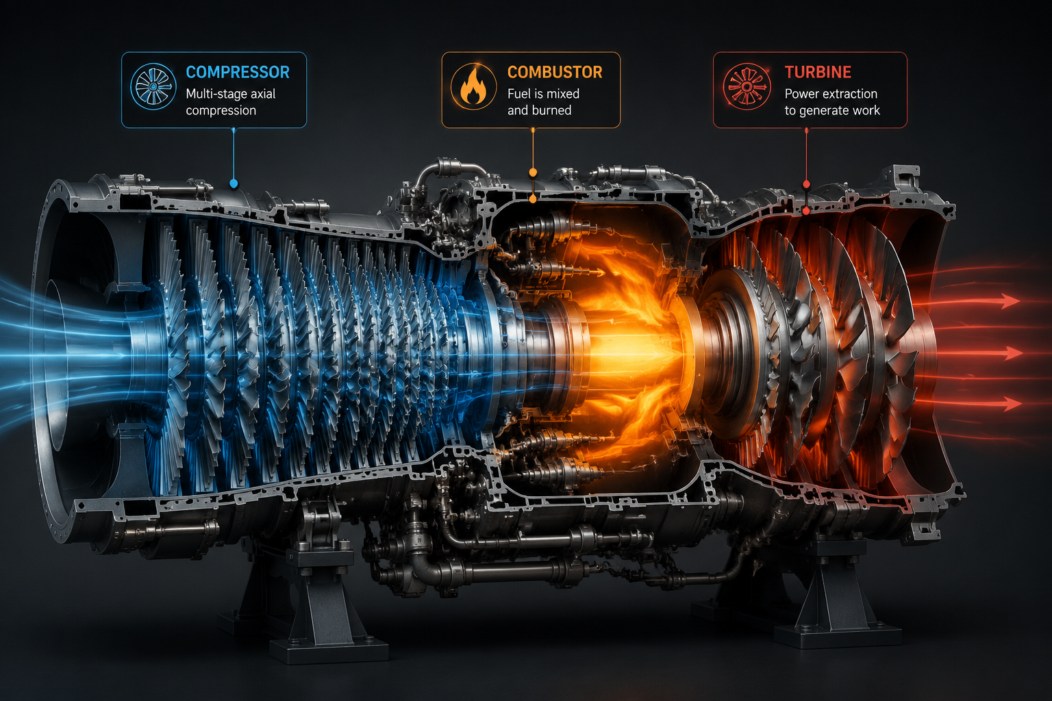 A detailed, photorealistic cross-section of a modern heavy-duty gas turbine, presented in (). This technical illustration