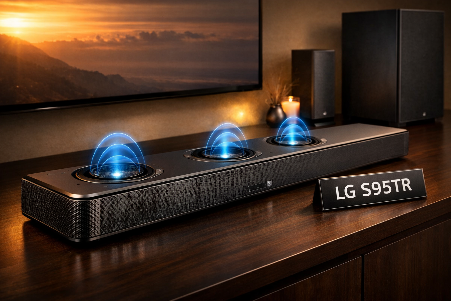 Professional product showcase of LG S95TR soundbar system arranged on a dark wood entertainment console, showing the main soundbar unit with its triple up-firing speaker array highlighted, LG S95TR product name label visible, warm ambient lighting, front-angle perspective, premium home theater setting