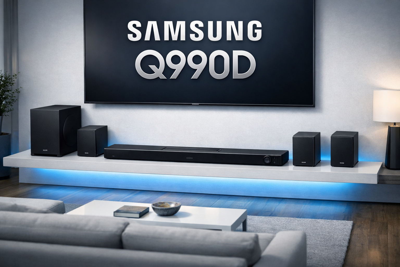 Professional product showcase of Samsung Q990D soundbar system displayed on a minimalist white shelf, showing the full 11.1.4 channel setup with rear speakers and subwoofer visible, Samsung Q990D branding prominent, cool blue accent lighting, wide-angle room perspective, modern living room environment.