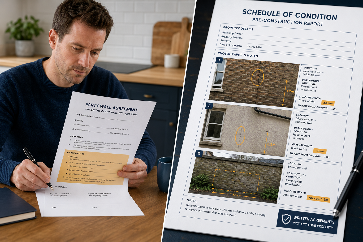 Detailed () showing a split-scene composition: on the left, a homeowner reviewing a formal party wall agreement document at
