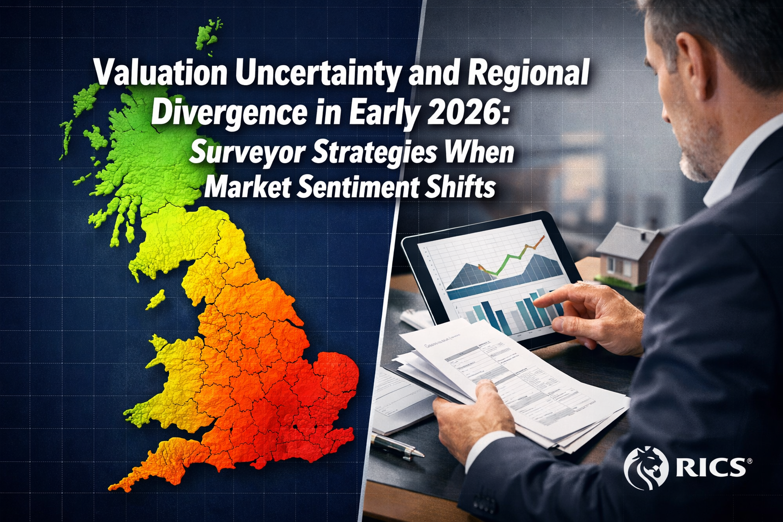 Professional () editorial hero image with 'Valuation Uncertainty and Regional Divergence in Early 2026: Surveyor Strategies