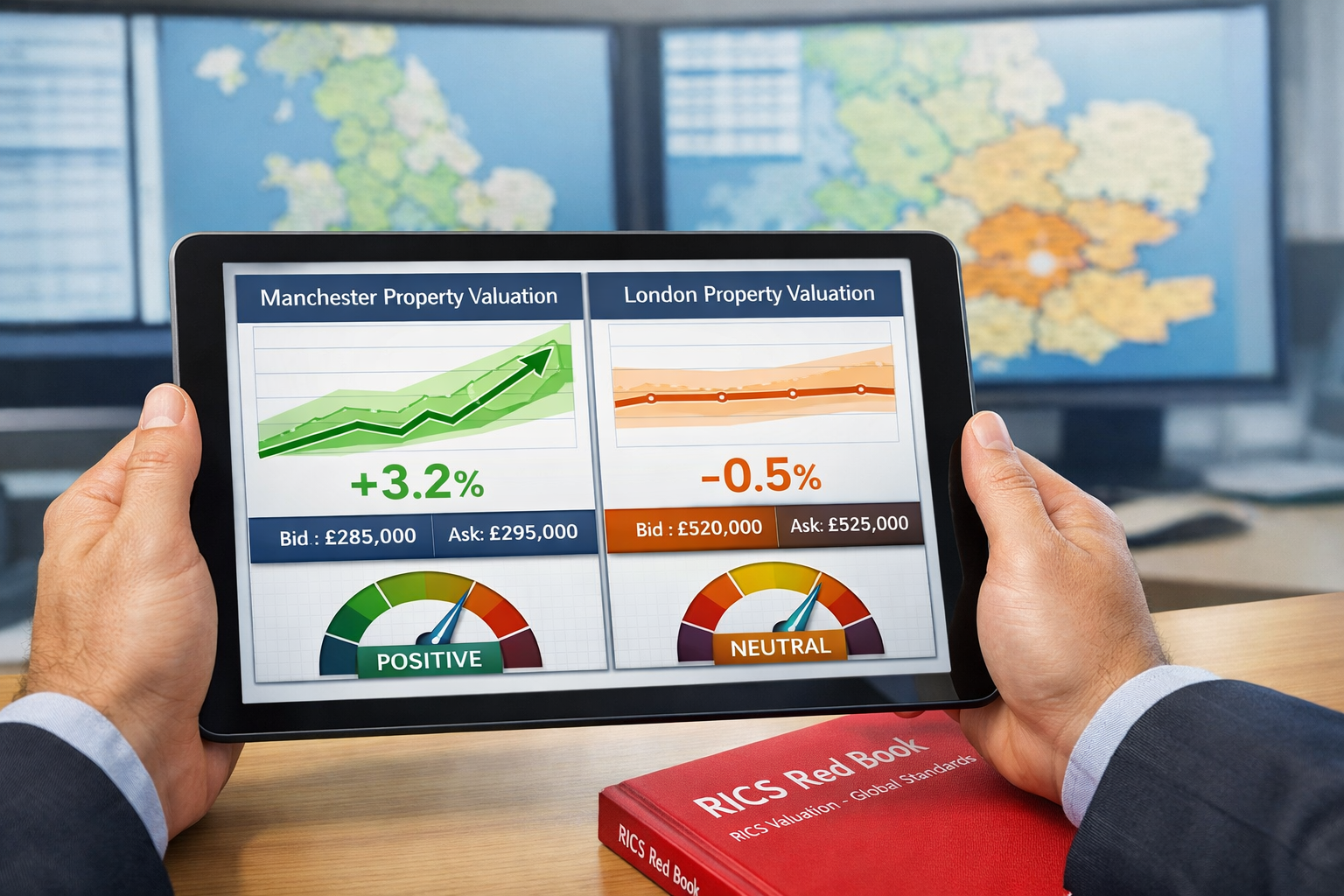 Detailed () image showing close-up of professional surveyor's hands holding digital tablet displaying dual property