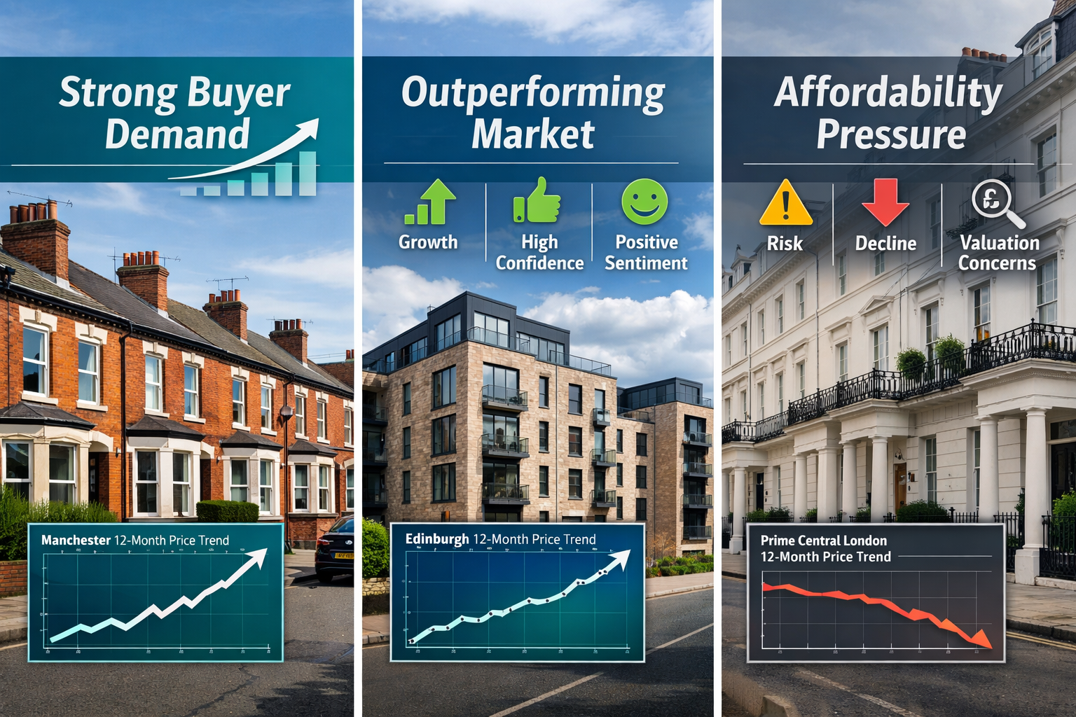 Wide-angle () image depicting three distinct UK regional property scenes in triptych layout: left panel shows Victorian