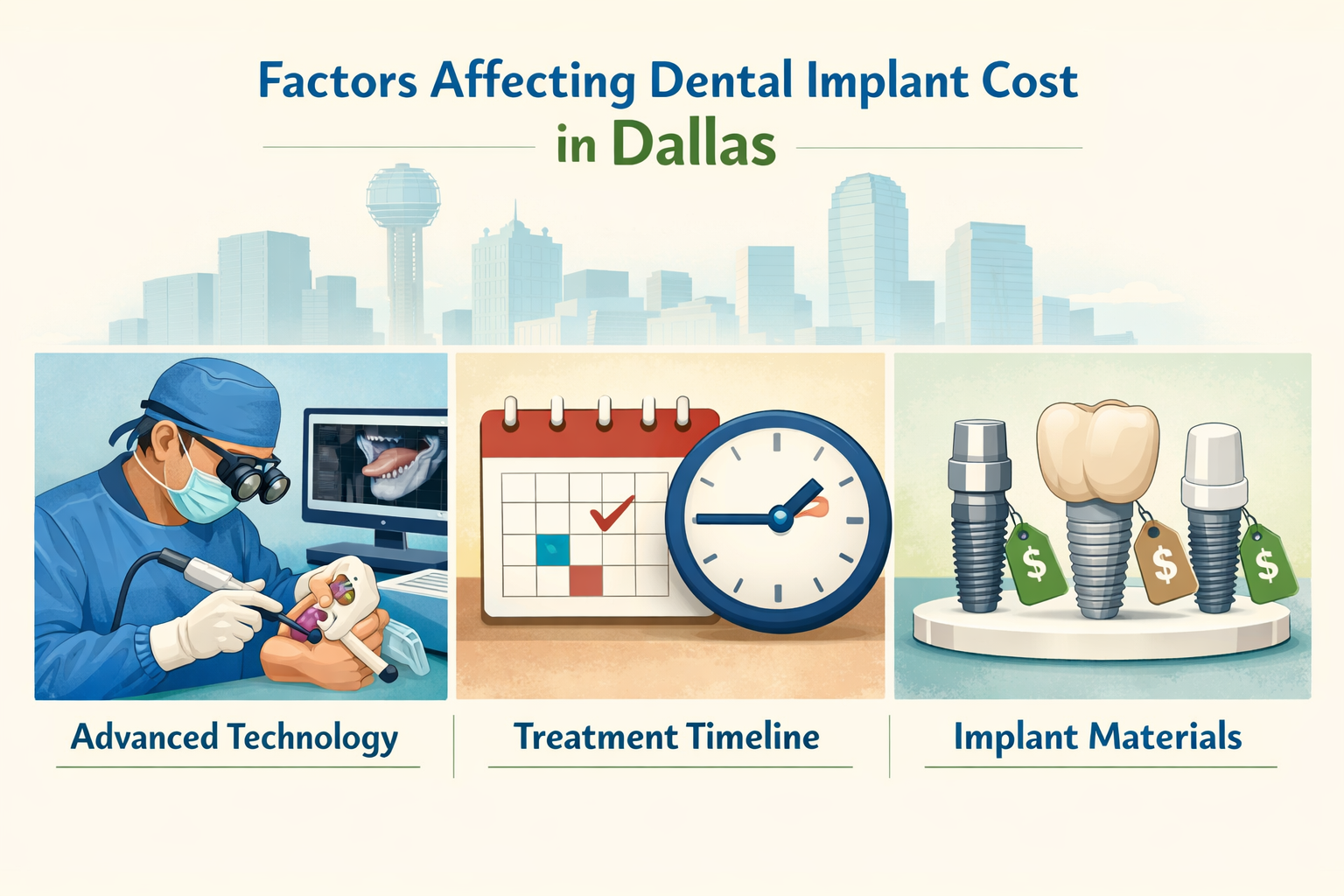 () image illustrating various factors influencing dental implant affordability in Dallas. The image uses a visually
