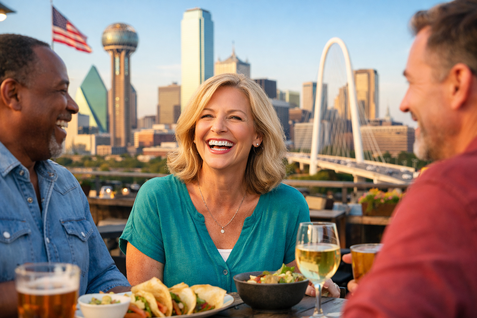 () image showing a patient with a radiant, confident smile, enjoying a meal or laughing with friends in a vibrant Dallas