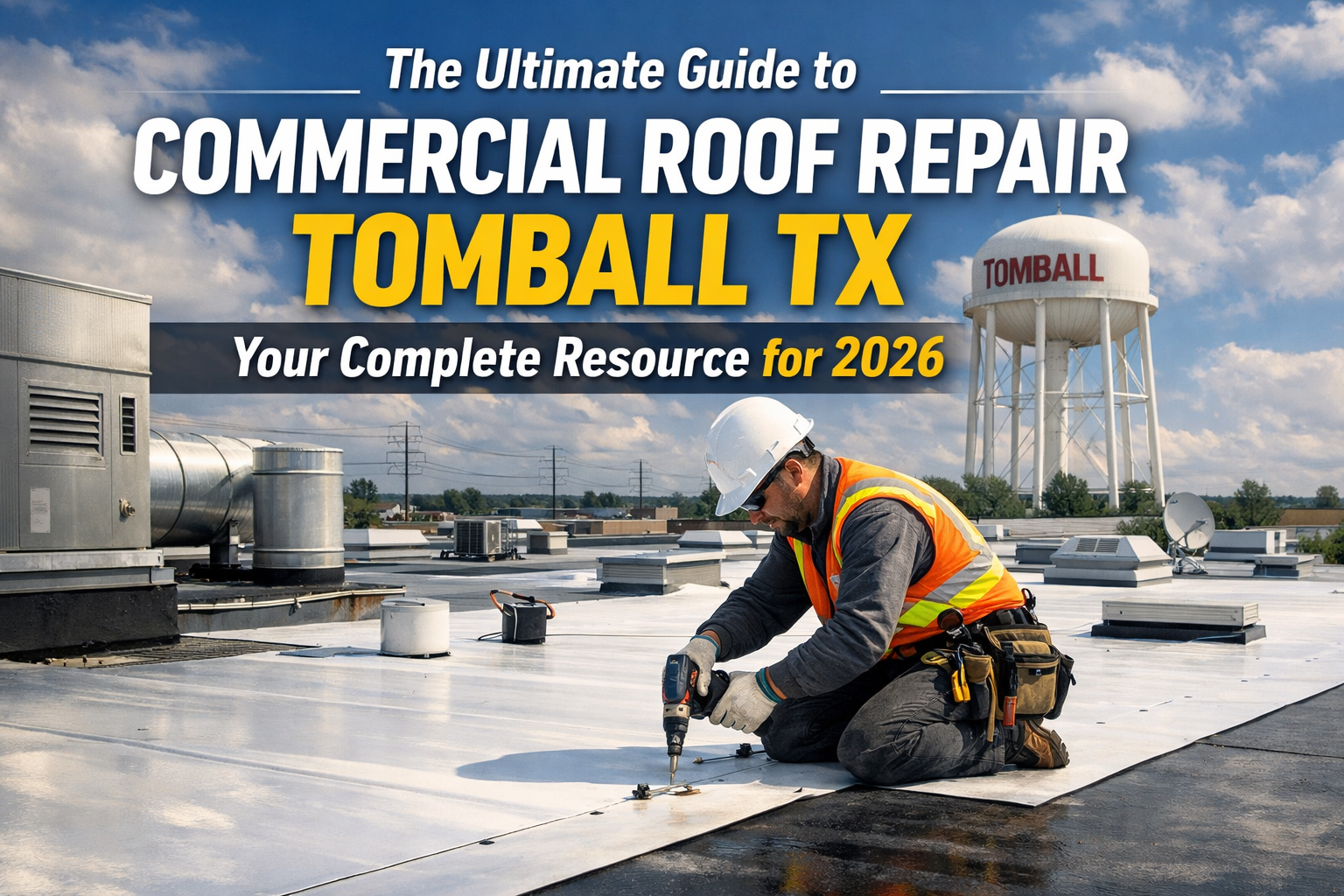 Professional landscape hero image (1536x1024) with bold text overlay: "The Ultimate Guide to Commercial Roof Repair Tomball TX: Your Complet