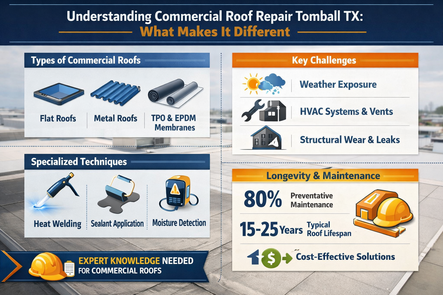 Professional landscape infographic (1536x1024) for article "The Ultimate Guide to Commercial Roof Repair Tomball TX: Your Complete Resource 