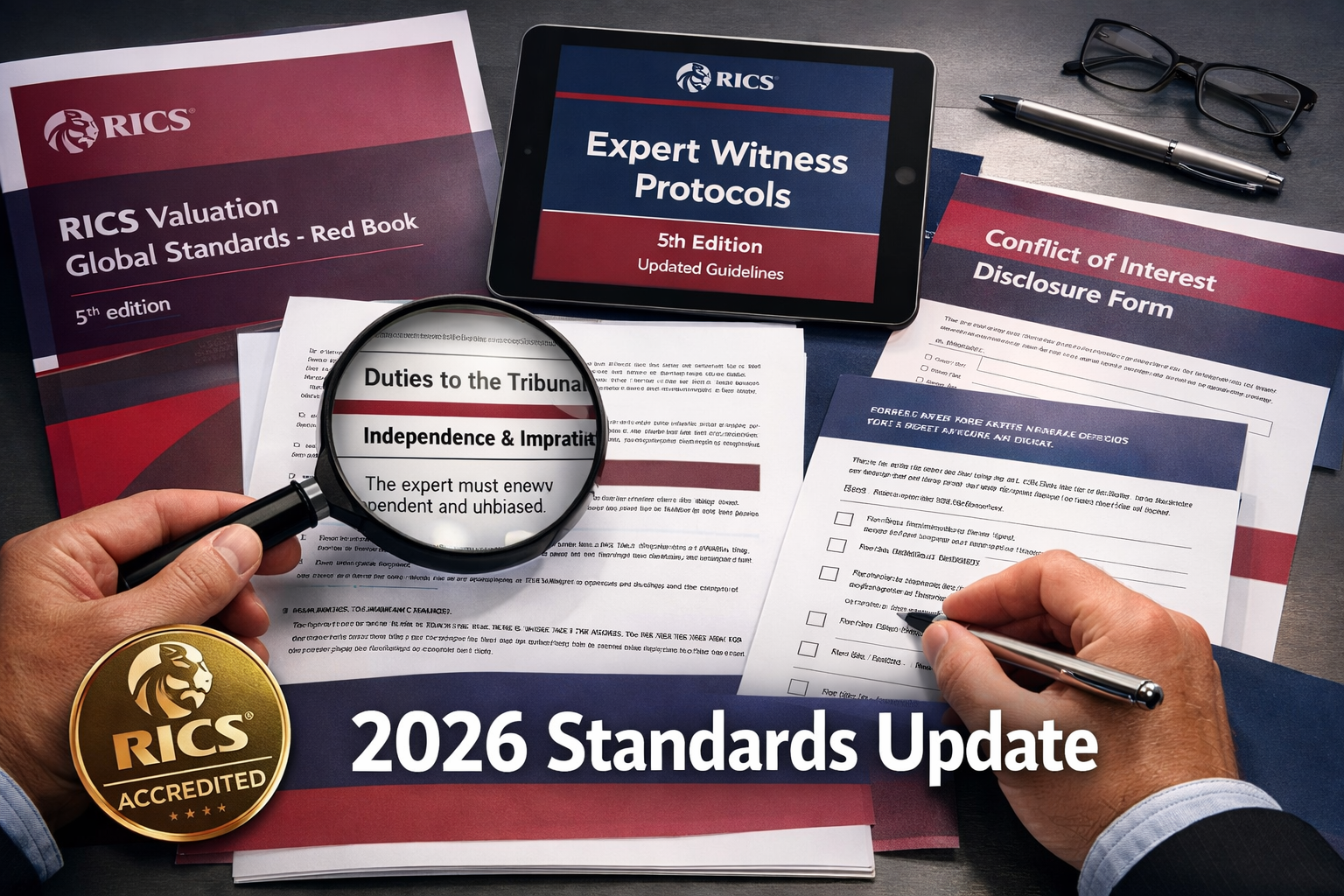 () editorial image showing detailed RICS Red Book valuation standards documentation spread across modern desk with digital