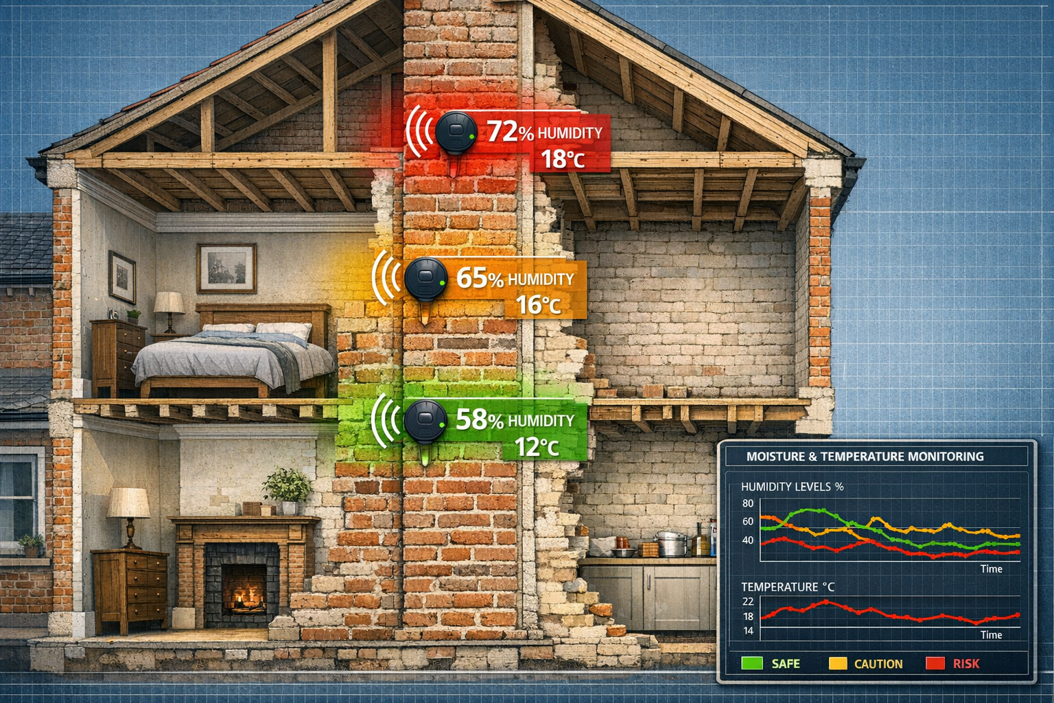 Detailed () image showing cross-section cutaway view of Victorian terraced house party wall with multiple wireless sensors