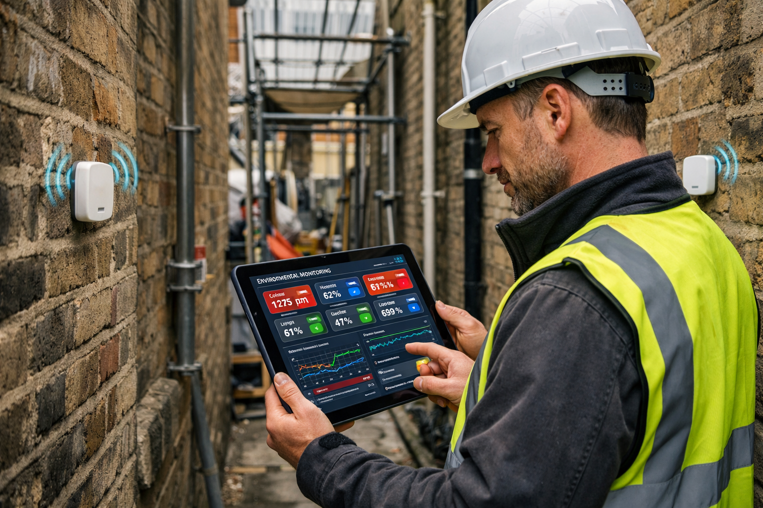 Detailed () image depicting professional surveyor in high-visibility vest using tablet device to review real-time sensor
