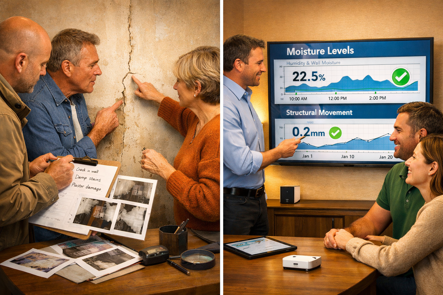 Detailed () image showing before-and-after comparison split screen of party wall dispute scenarios. Left side shows