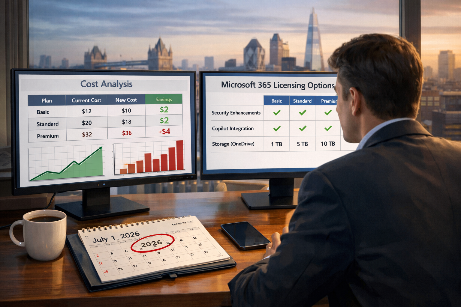 Landscape format (1536x1024) conceptual illustration showing business decision-maker at desk reviewing Microsoft 365 licensing options on du