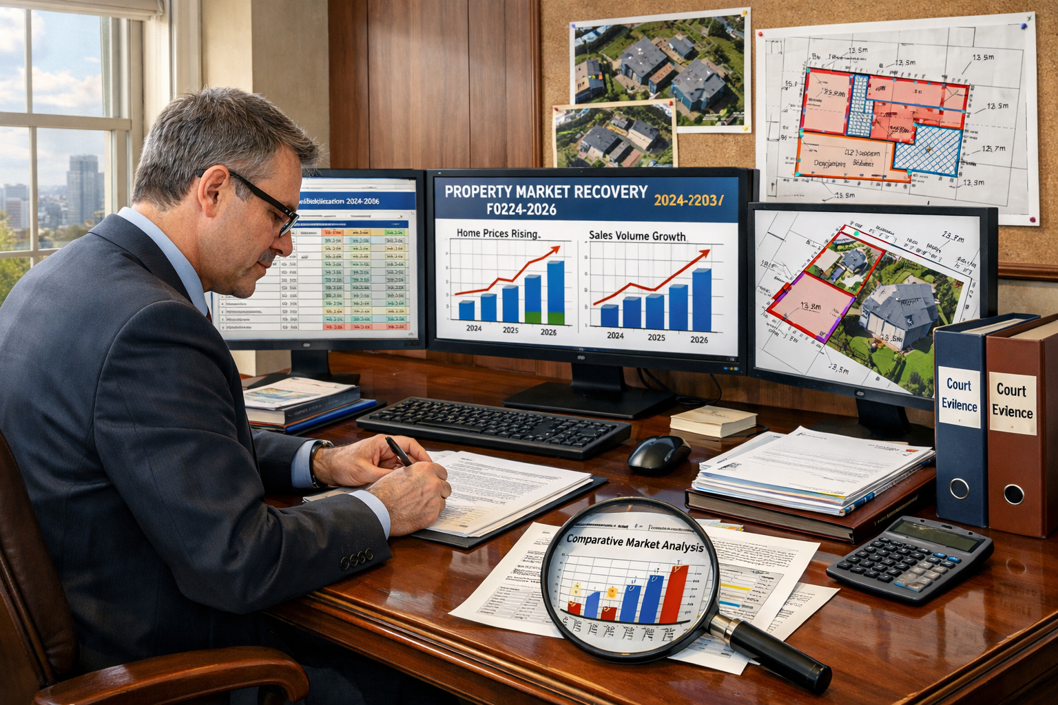 () detailed scene showing RICS-qualified surveyor in professional attire seated at polished mahogany desk preparing expert