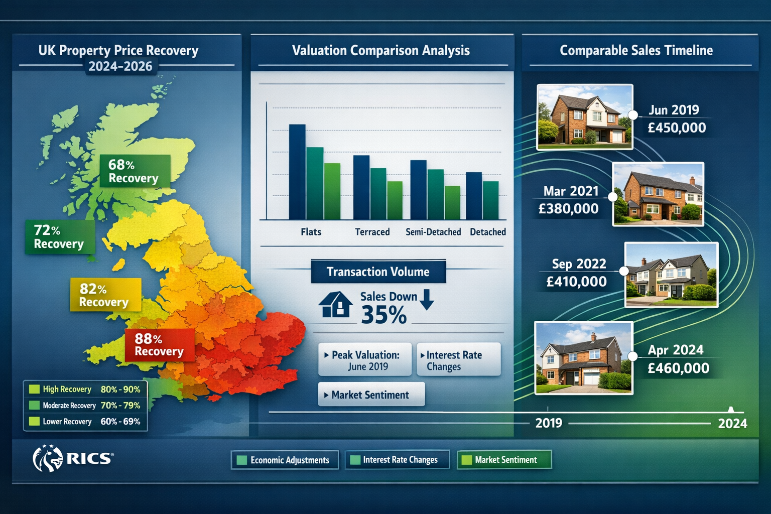 () infographic-style visualization showing comprehensive property market recovery data analysis with three distinct vertical