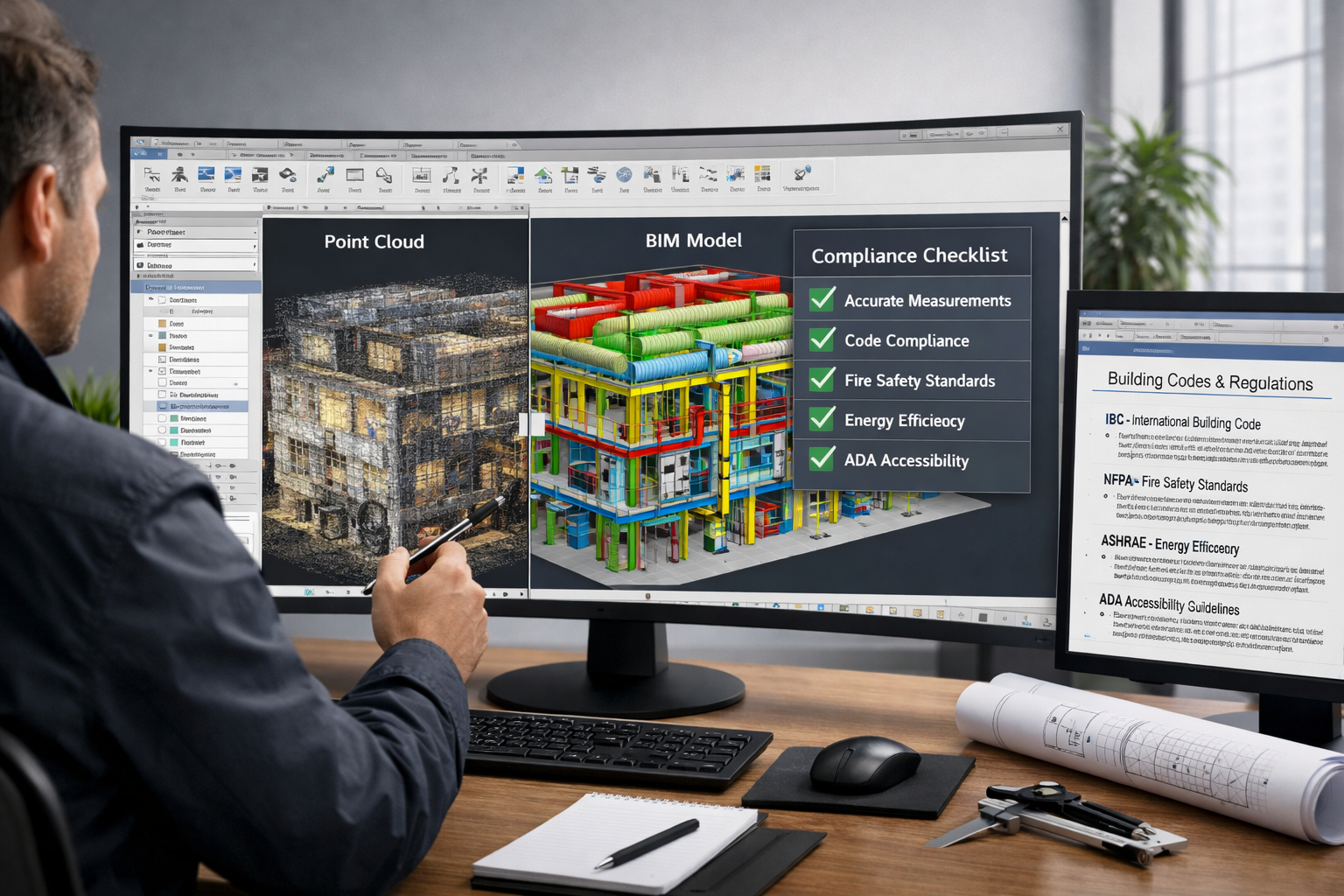 Landscape format (1536x1024) professional workspace visualization showing large curved monitor displaying Building Information Modeling (BIM