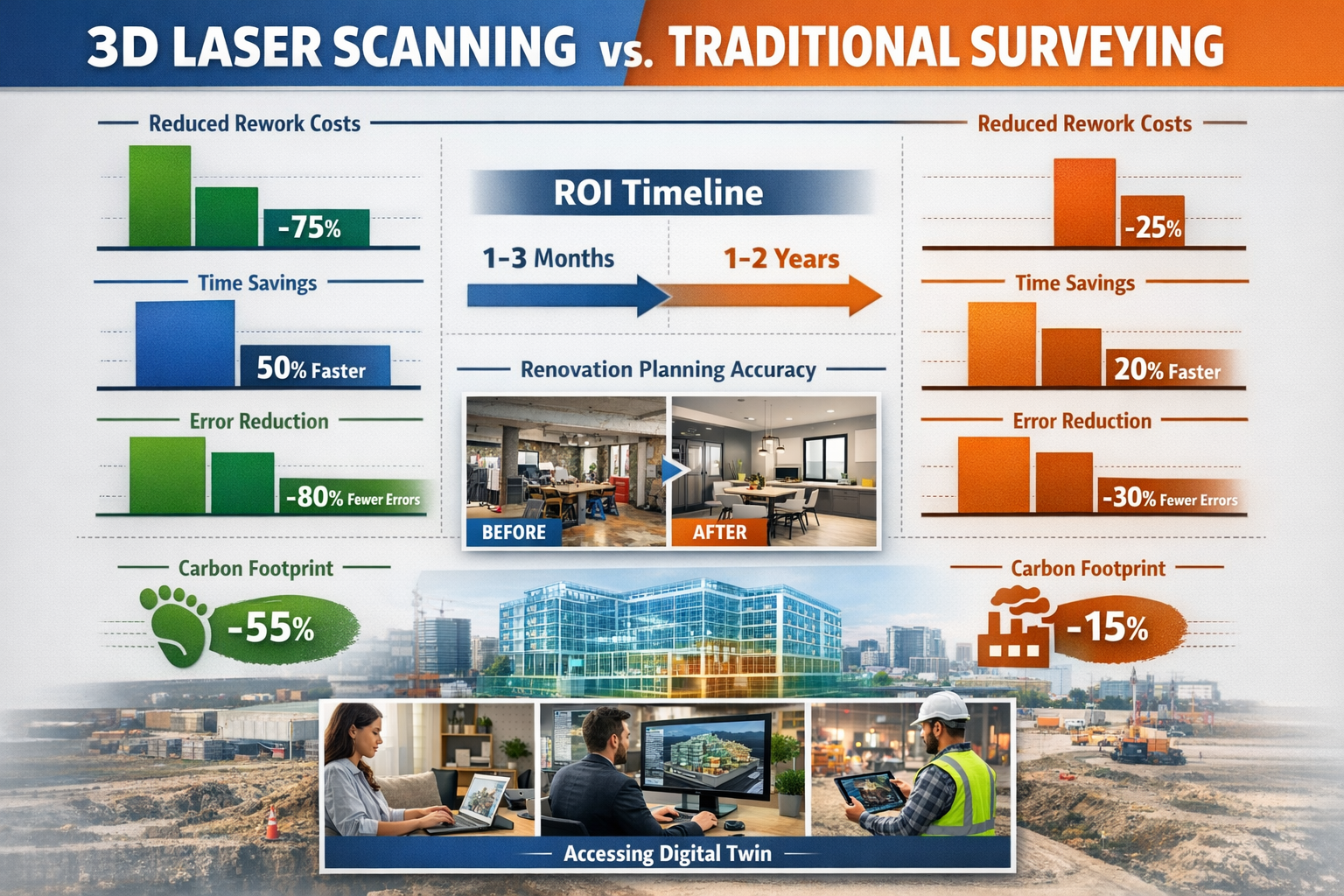 Landscape format (1536x1024) infographic-style composition showing cost-benefit analysis of 3D laser scanning versus traditional surveying m