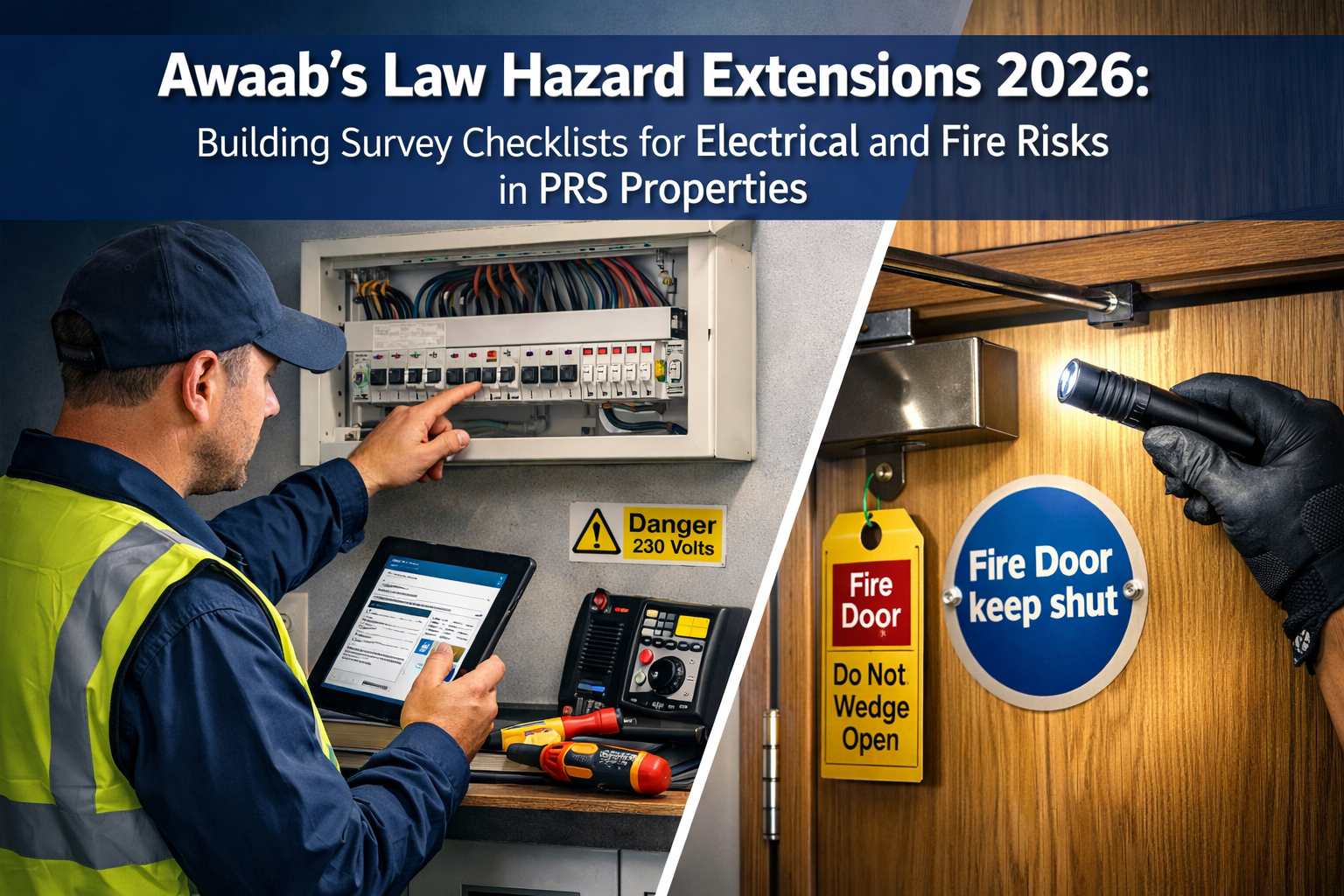 Professional () hero image with 'Awaab's Law Hazard Extensions 2026: Building Survey Checklists for Electrical and Fire