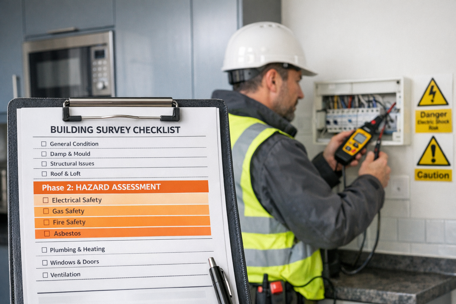 Detailed () image showing comprehensive building survey checklist on clipboard in foreground with Phase 2 hazard categories