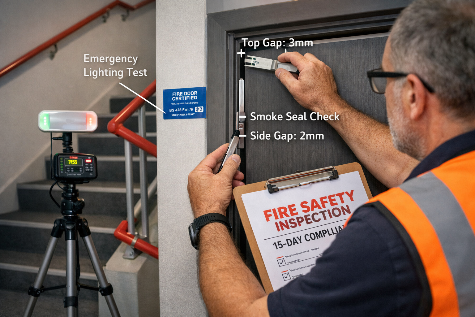 () close-up composition of fire safety inspection in residential stairwell showing surveyor examining fire door with gap