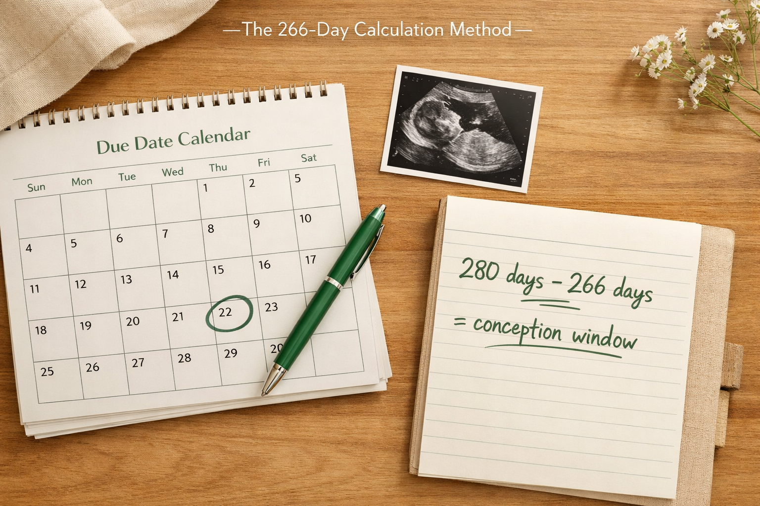 Flat-lay editorial photograph () showing a wooden desk with a pregnancy due date calendar, a pen circling a date, a small