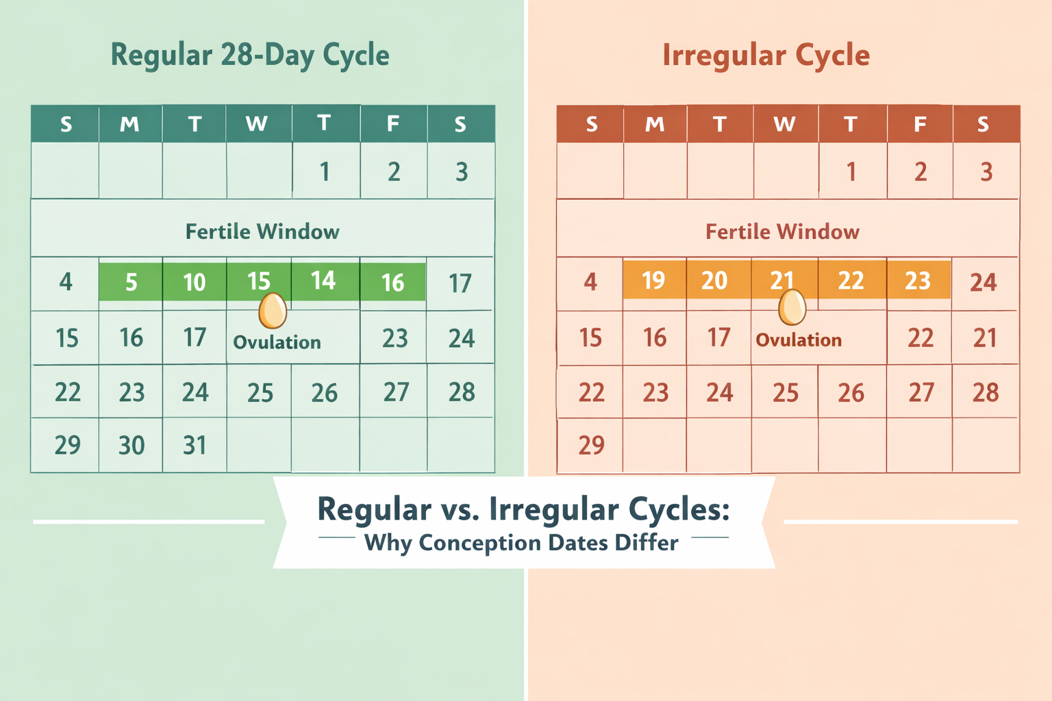 Split-panel comparison image () showing two side-by-side scenarios: left panel depicts a regular 28-day cycle calendar with