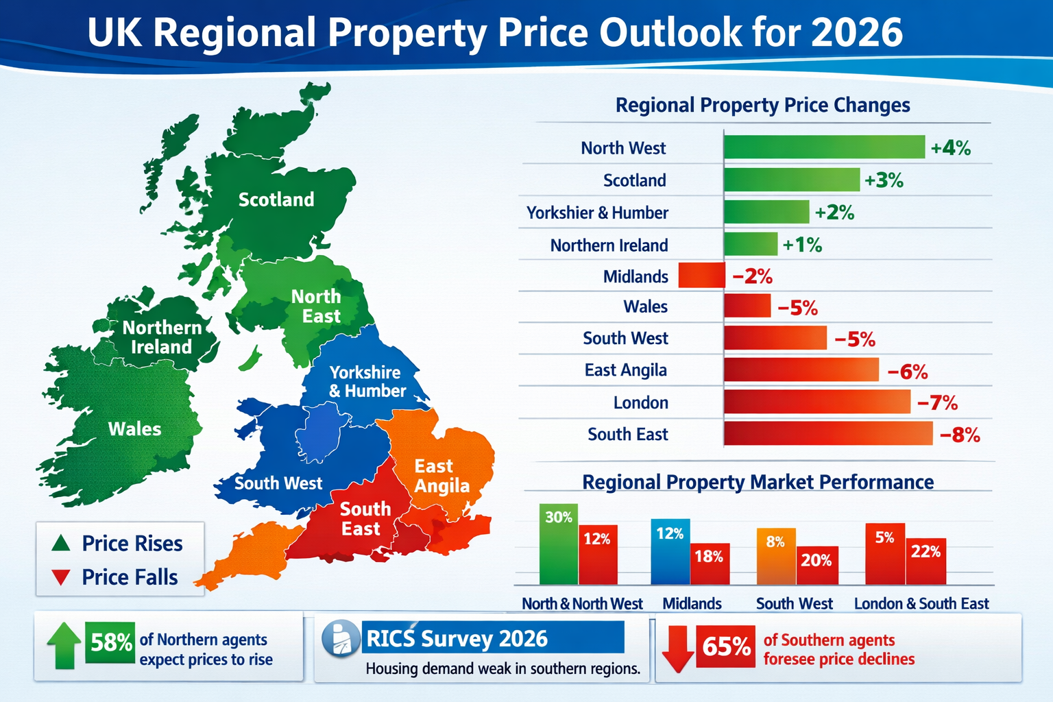 () detailed infographic showing UK regional property price performance map for 2026, with South East, South West, London,