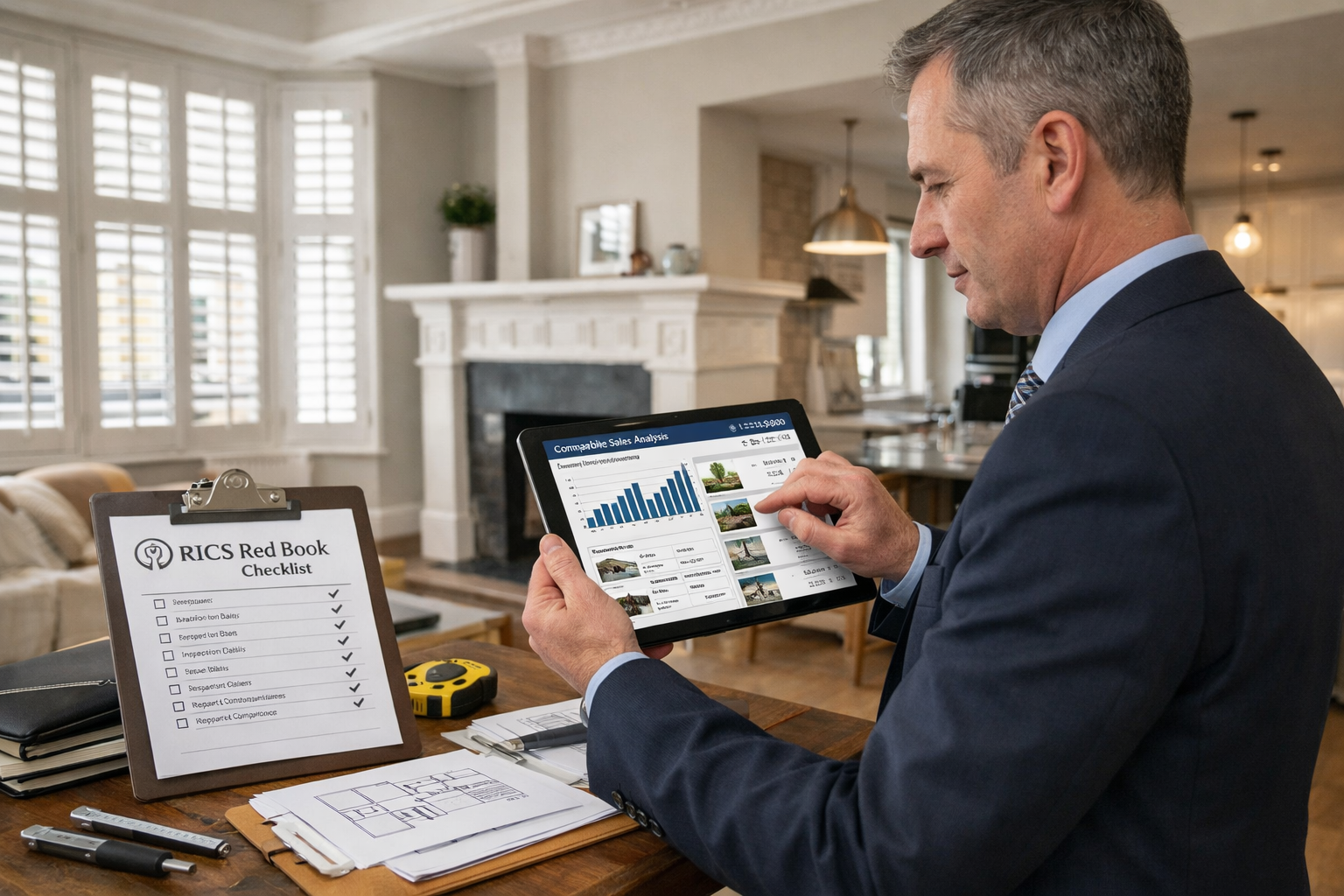 () professional scene showing RICS chartered surveyor conducting property valuation inside a South East England residential