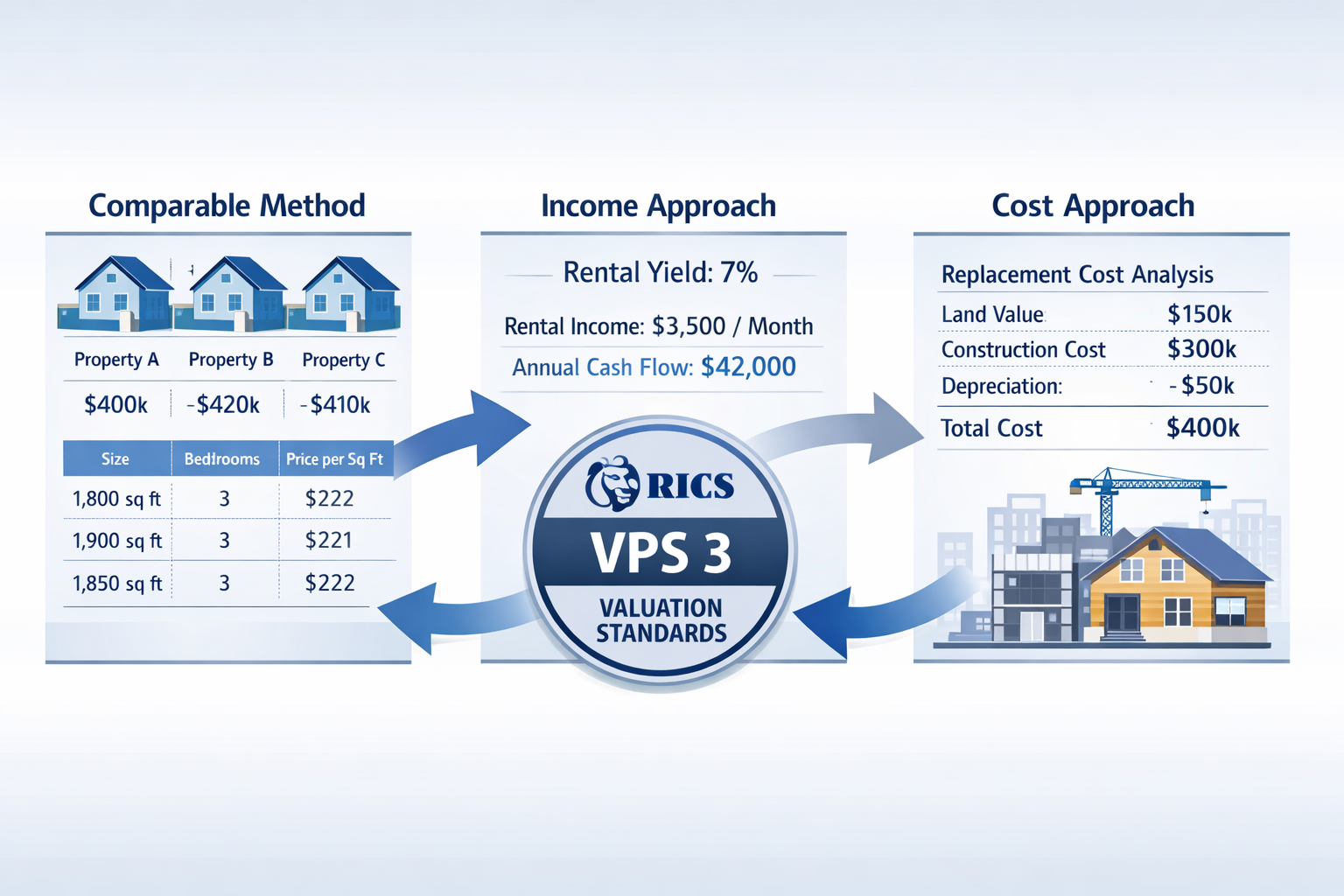 () conceptual illustration of multi-method valuation approach with three distinct sections: left shows comparable method