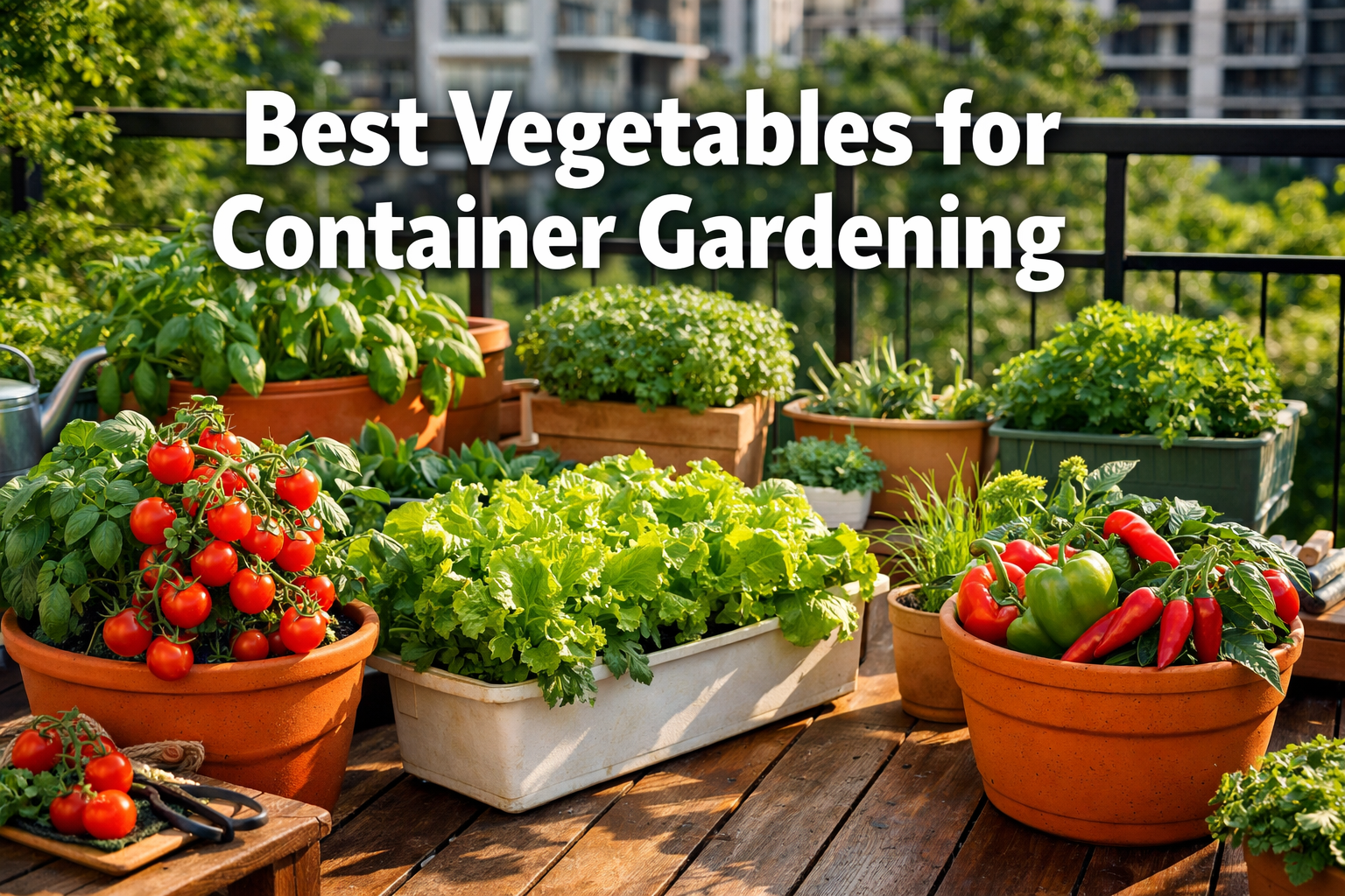 All images must be as if shot with an SLR camera Professional () hero image with 'Best Vegetables for Container Gardening'