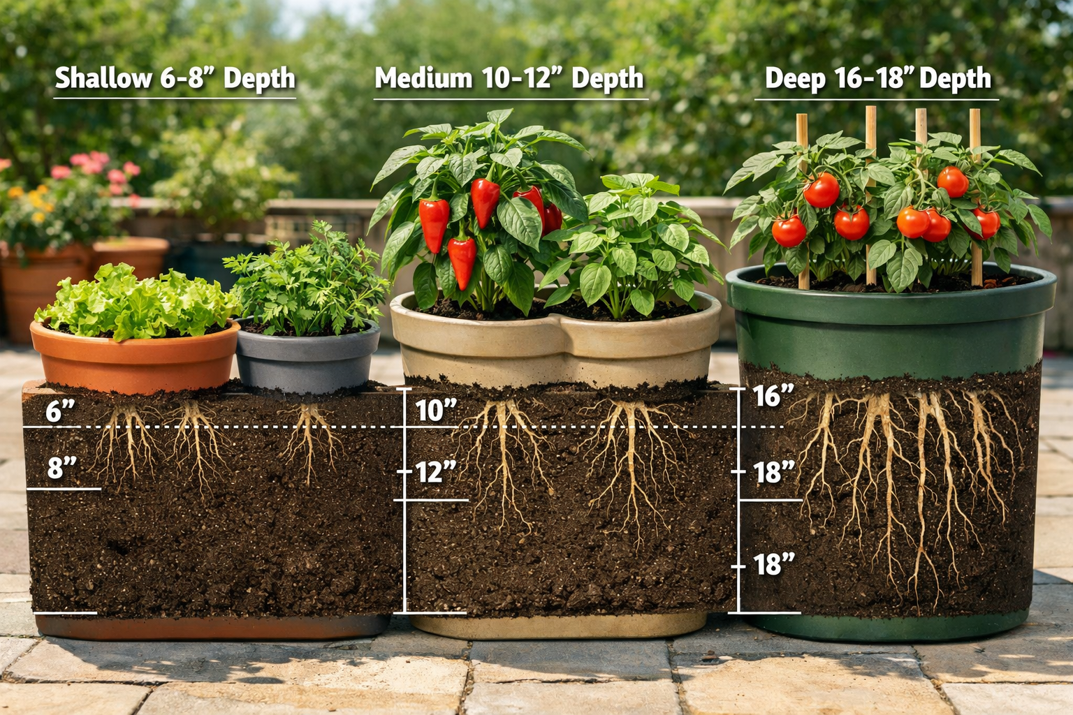 All images must be as if shot with an SLR camera () image showing variety of container depths and sizes arranged on sunny