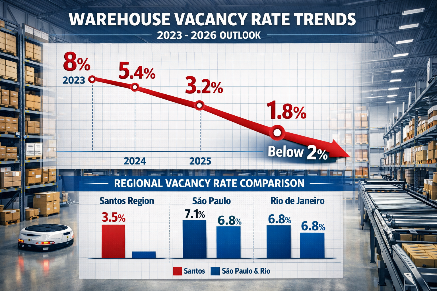 () detailed infographic showing warehouse vacancy rate trends from 2023 to 2026, featuring downward trending line graph in