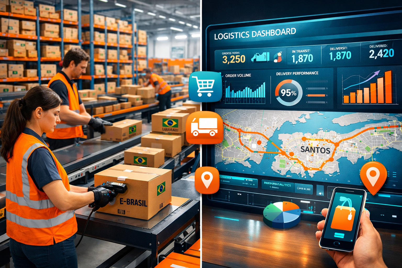 () dynamic split-screen composition showing e-commerce logistics operations. Left side displays modern fulfillment center