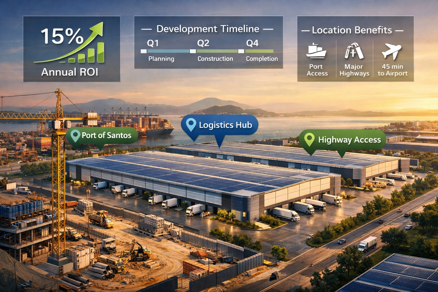 () architectural visualization showing modern industrial development near Port of Santos, featuring large-scale Class A