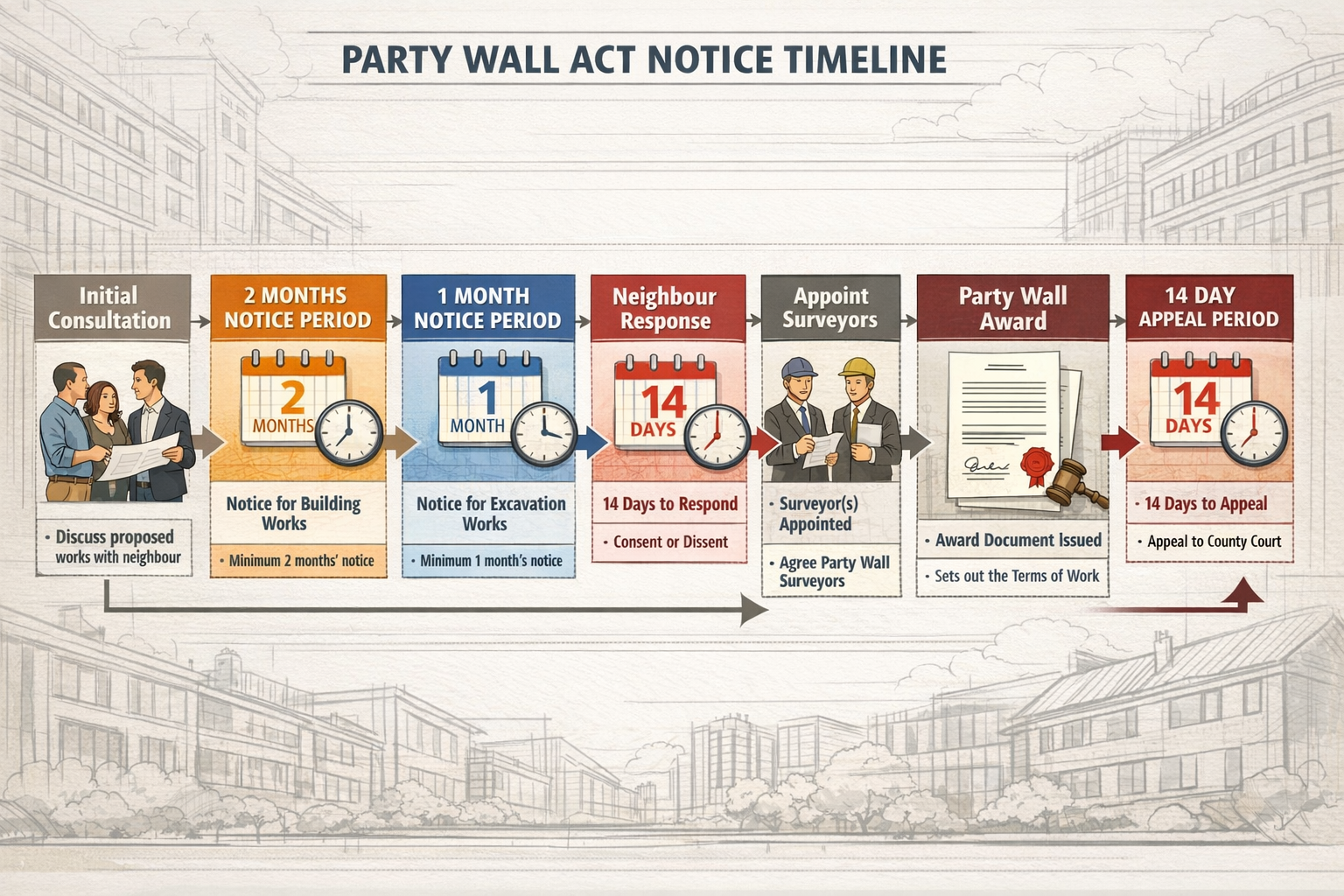 () detailed infographic showing Party Wall Act notice timeline flowchart with clear visual stages: initial consultation,