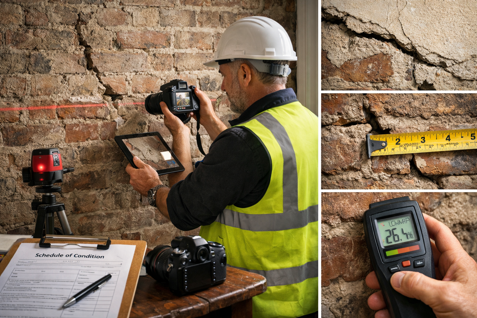 () professional photograph of experienced party wall surveyor conducting schedule of condition inspection in Victorian