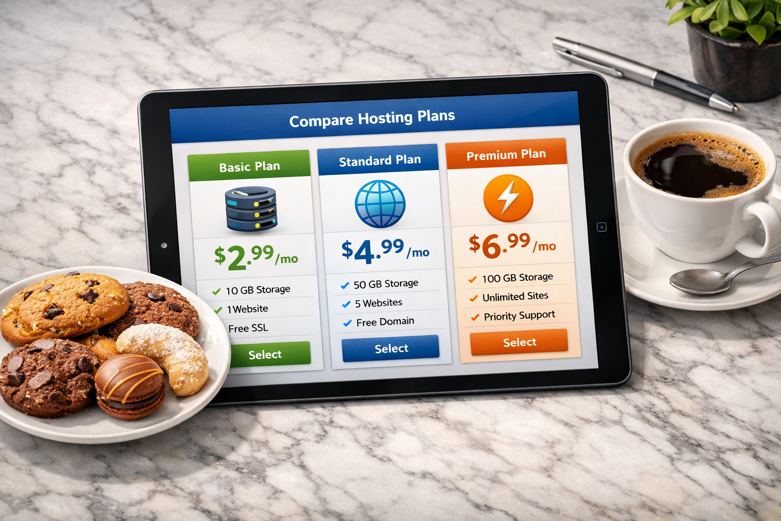A detailed 1536x1024 landscape illustration showing a digital comparison dashboard on a tablet screen. The screen displays three different w