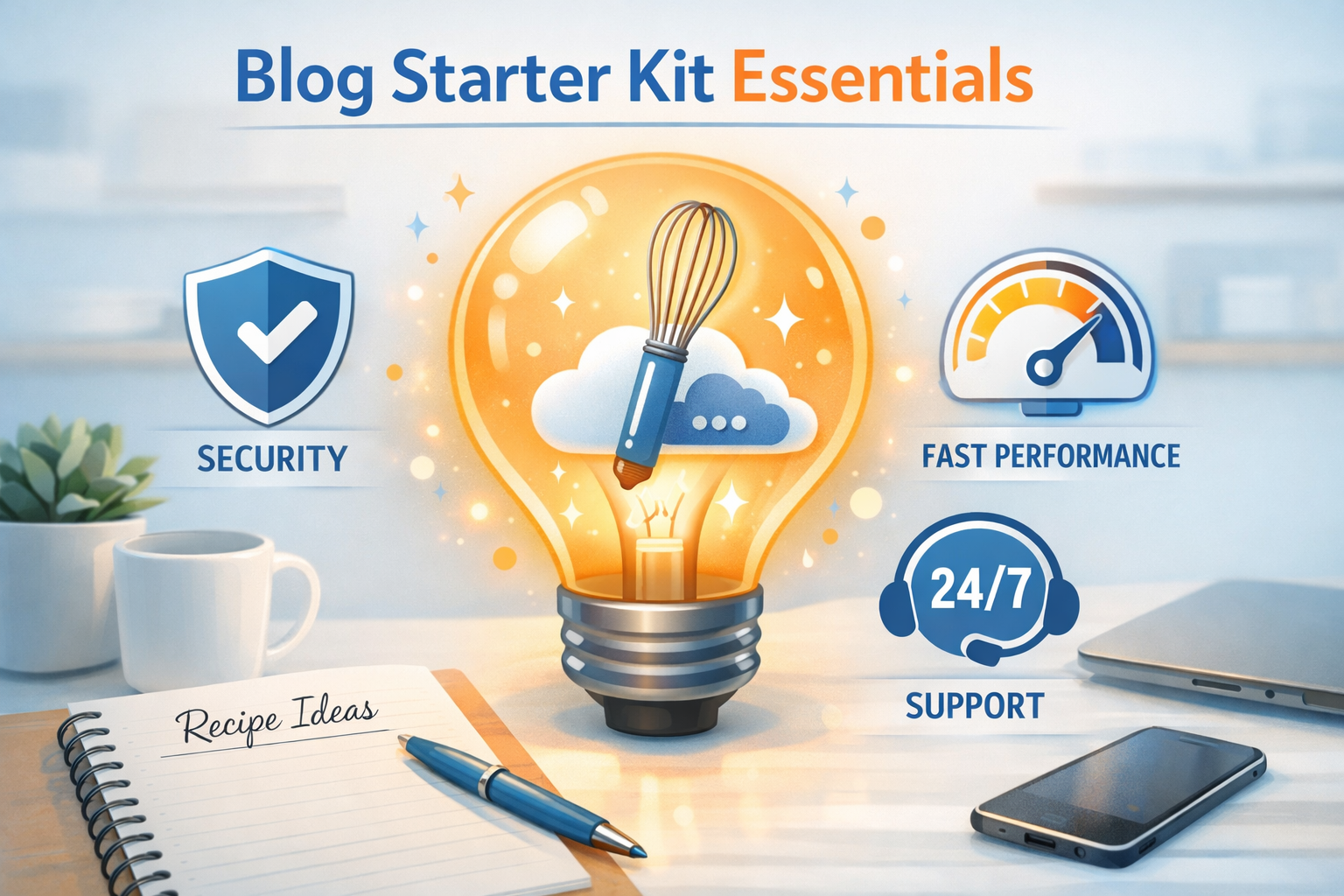 A 1536x1024 landscape infographic-style image. In the center, a large glowing lightbulb contains a small whisk and a digital cloud icon. Sur