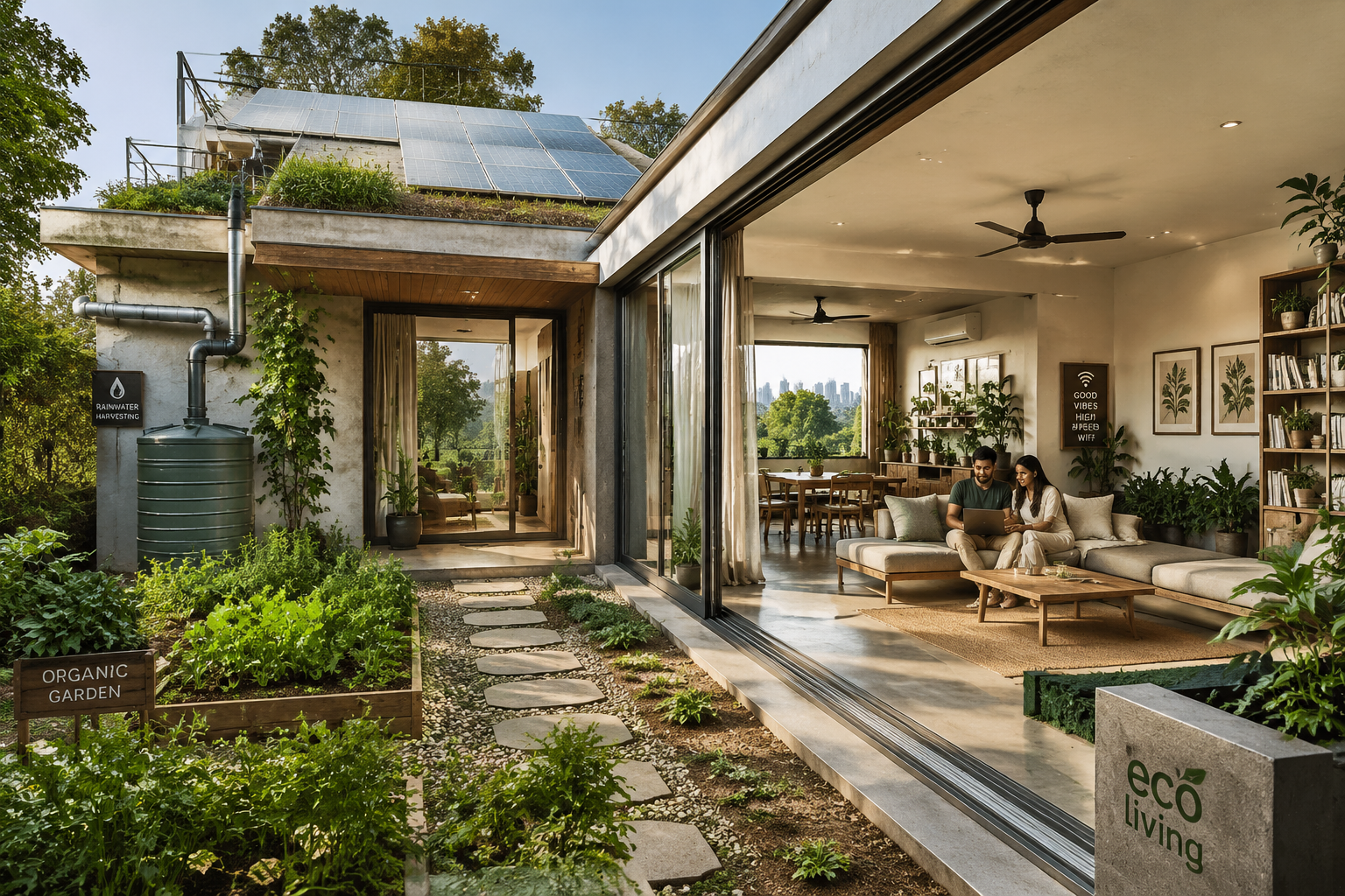 Detailed () image showcasing the exterior and interior of a modern, eco-friendly Airbnb in Gurgaon. The exterior features