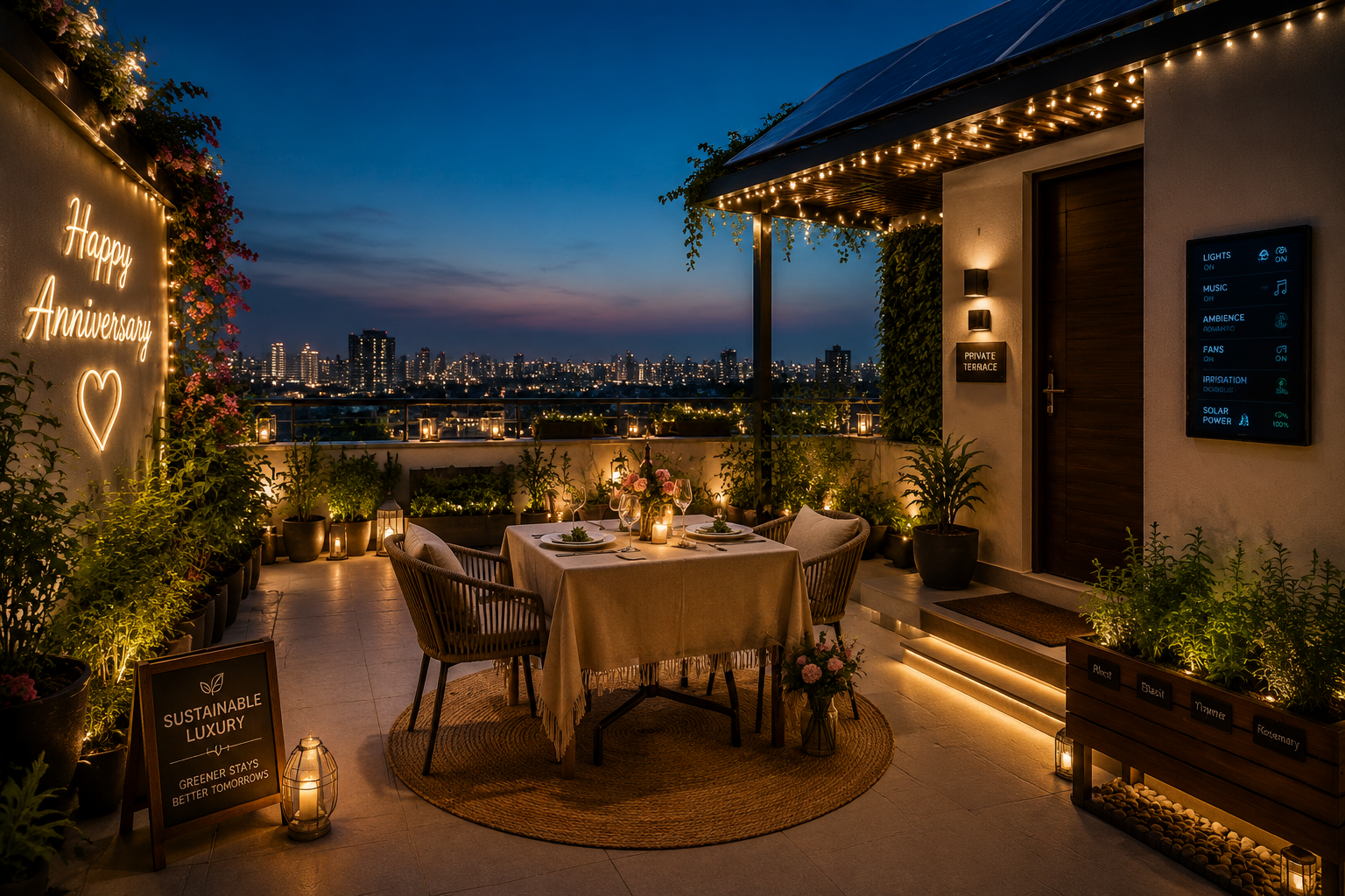 () image detailing a private terrace space of an Airbnb in Gurgaon, configured for an intimate anniversary celebration. The