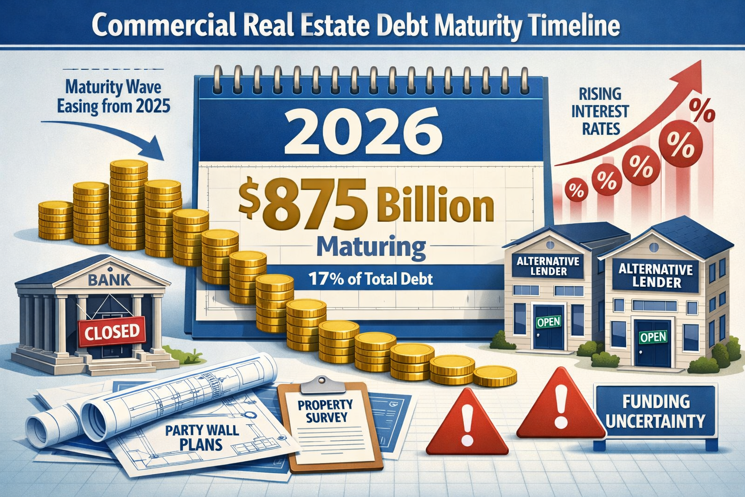 Landscape format (1536x1024) detailed illustration showing commercial real estate debt maturity timeline visualization for 2026. Central foc