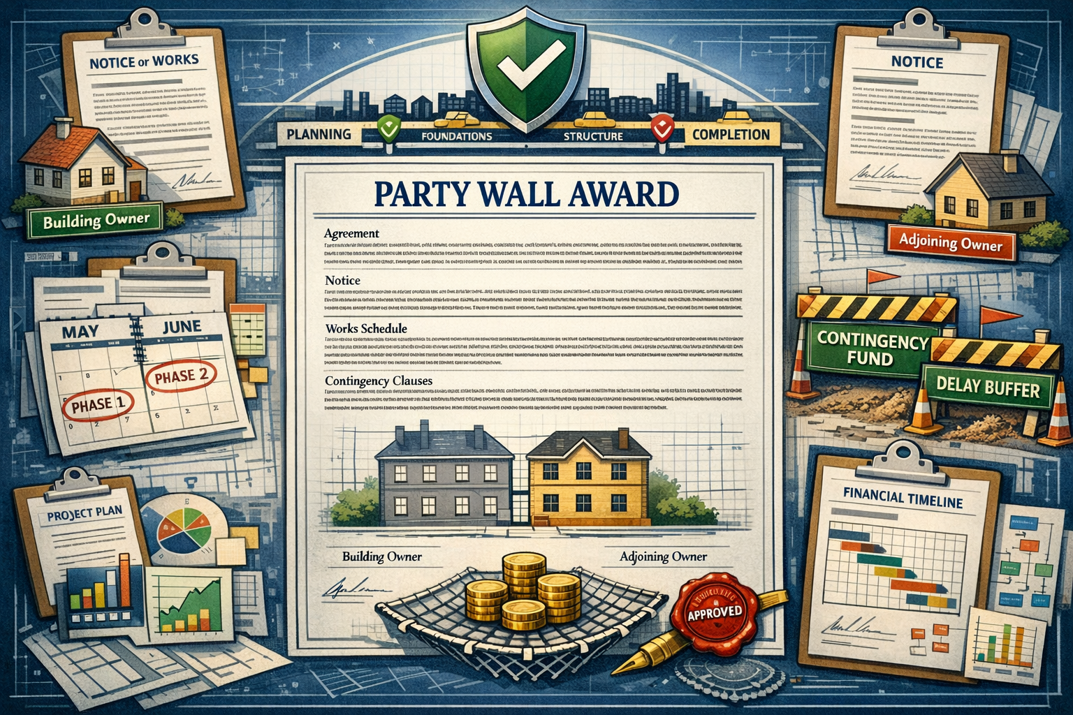 Landscape format (1536x1024) detailed conceptual illustration of party wall award document structure protecting against funding delays. Cent