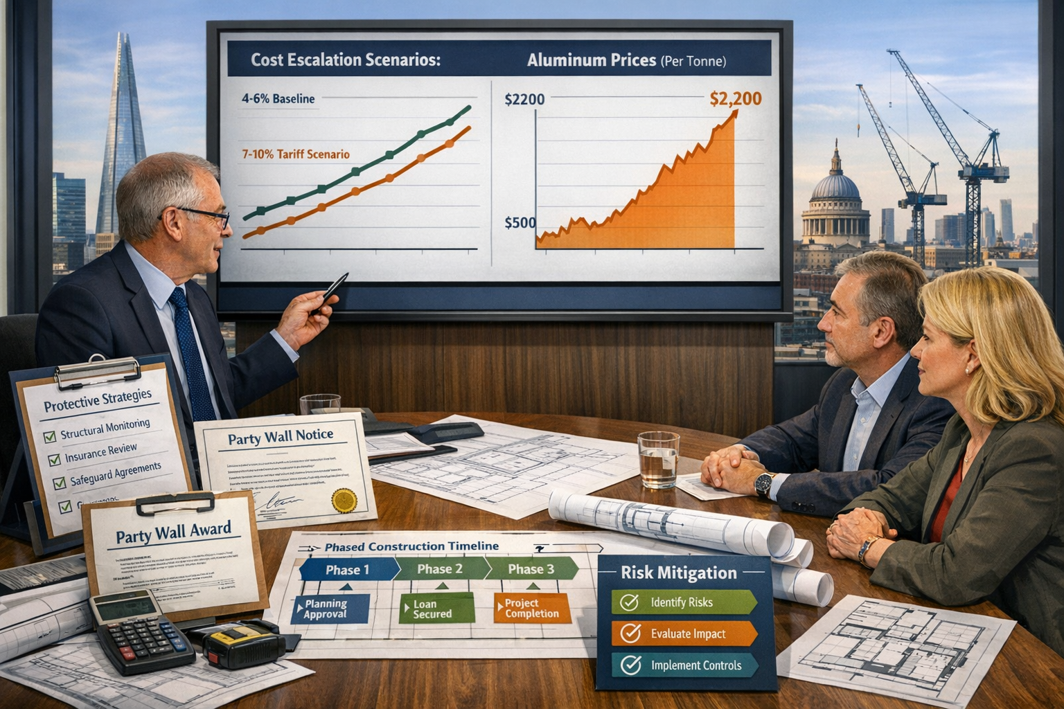 Landscape format (1536x1024) strategic planning visualization showing party wall surveyor consulting with property owners around conference