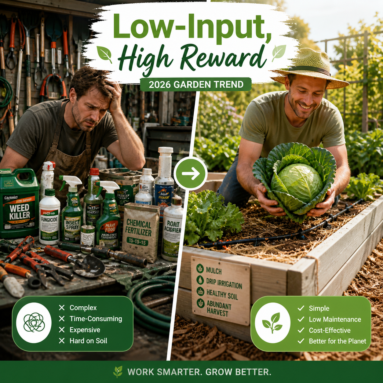 Detailed () editorial infographic-style image showing a split-scene comparison: left side depicts a stressed gardener