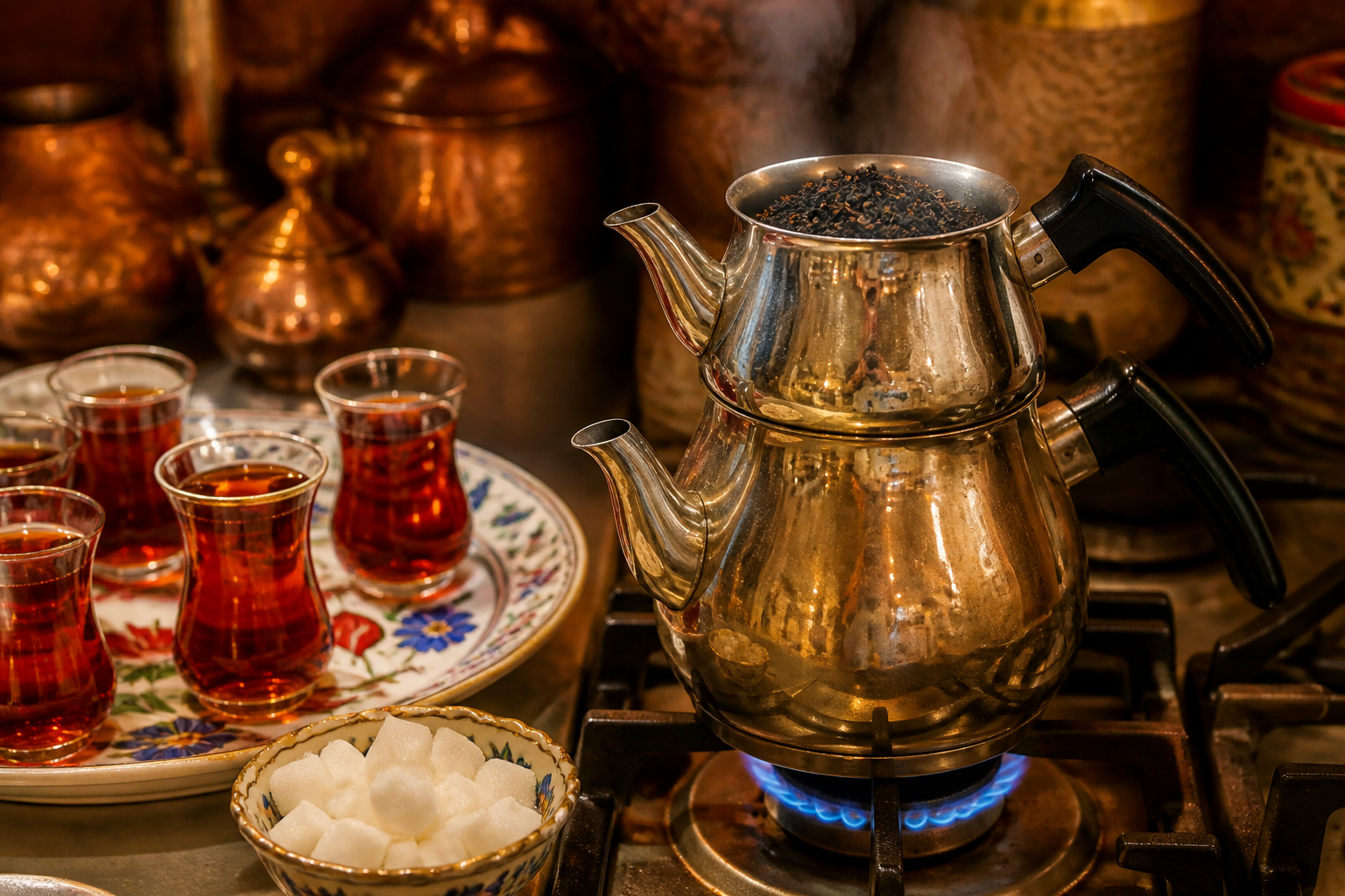 () editorial photograph showing a close-up of a traditional Turkish &ccedil;aydanlık double-kettle system on a gas flame, steam
