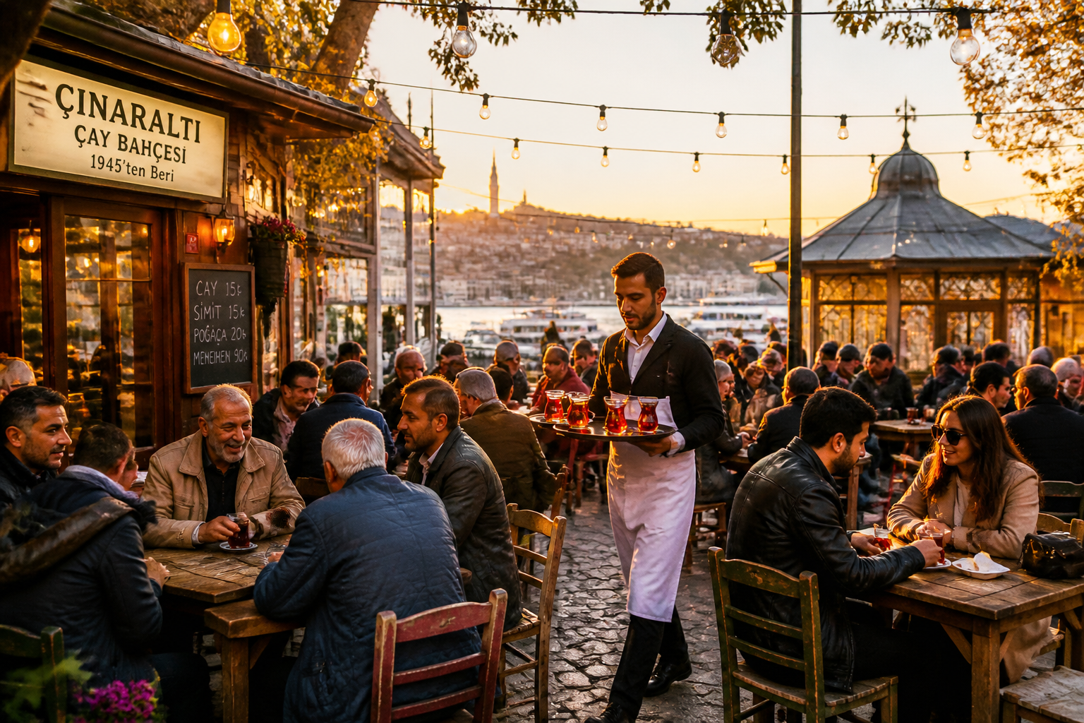 () wide-angle scene of a bustling Istanbul tea house (&ccedil;ay bah&ccedil;esi) garden at golden hour, wooden tables with mismatched