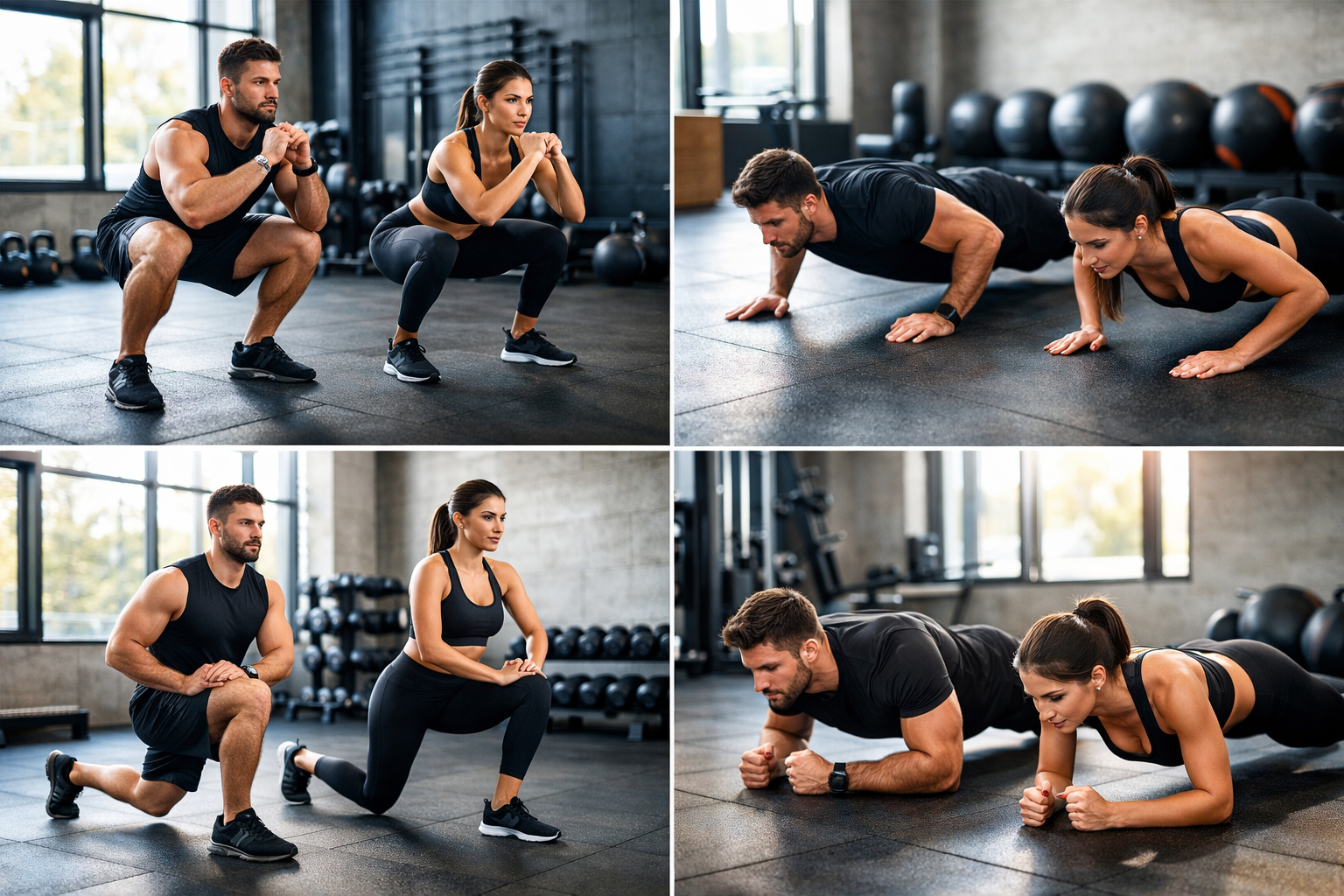 Professional fitness photography: athletic man and woman performing body composition exercises in a modern gym, split-screen